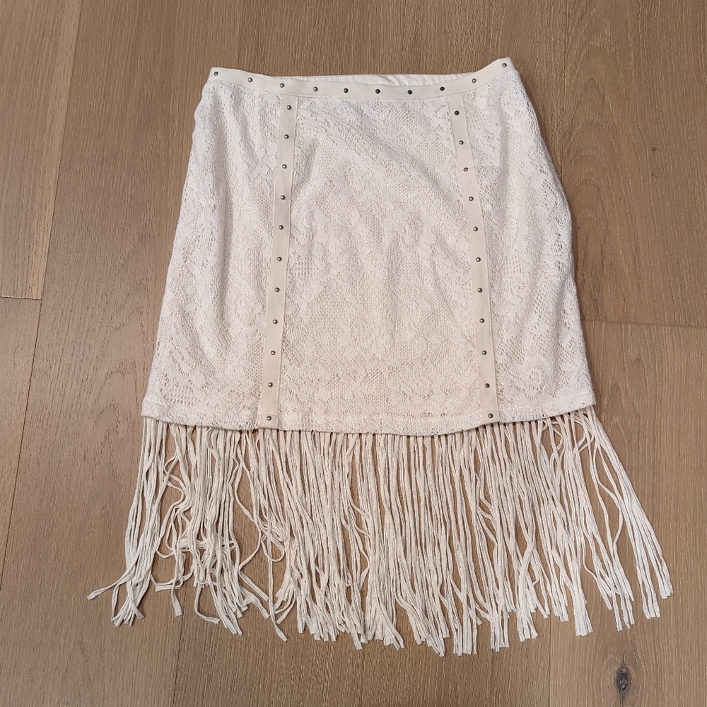 Elegant Cream Lace Fringe Skirt